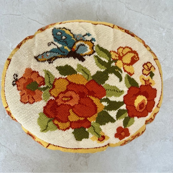 Vintage Needlepoint Pillow Butterfly Floral Velvet - Picture 6 of 6